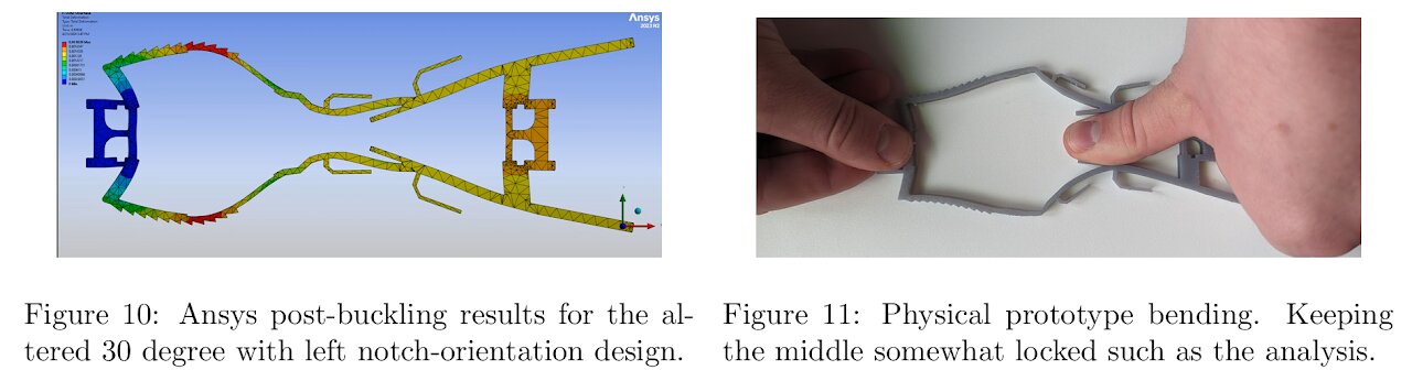 Ansys post-buckling result for the altered 30-degree leg beside a photo of the printed leg bending the same way.