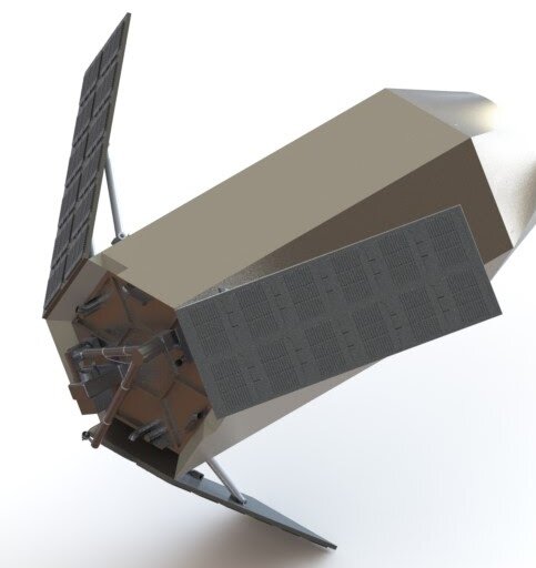 Rendered CAD model of the refueling spacecraft with three solar panels and a hexagonal body.