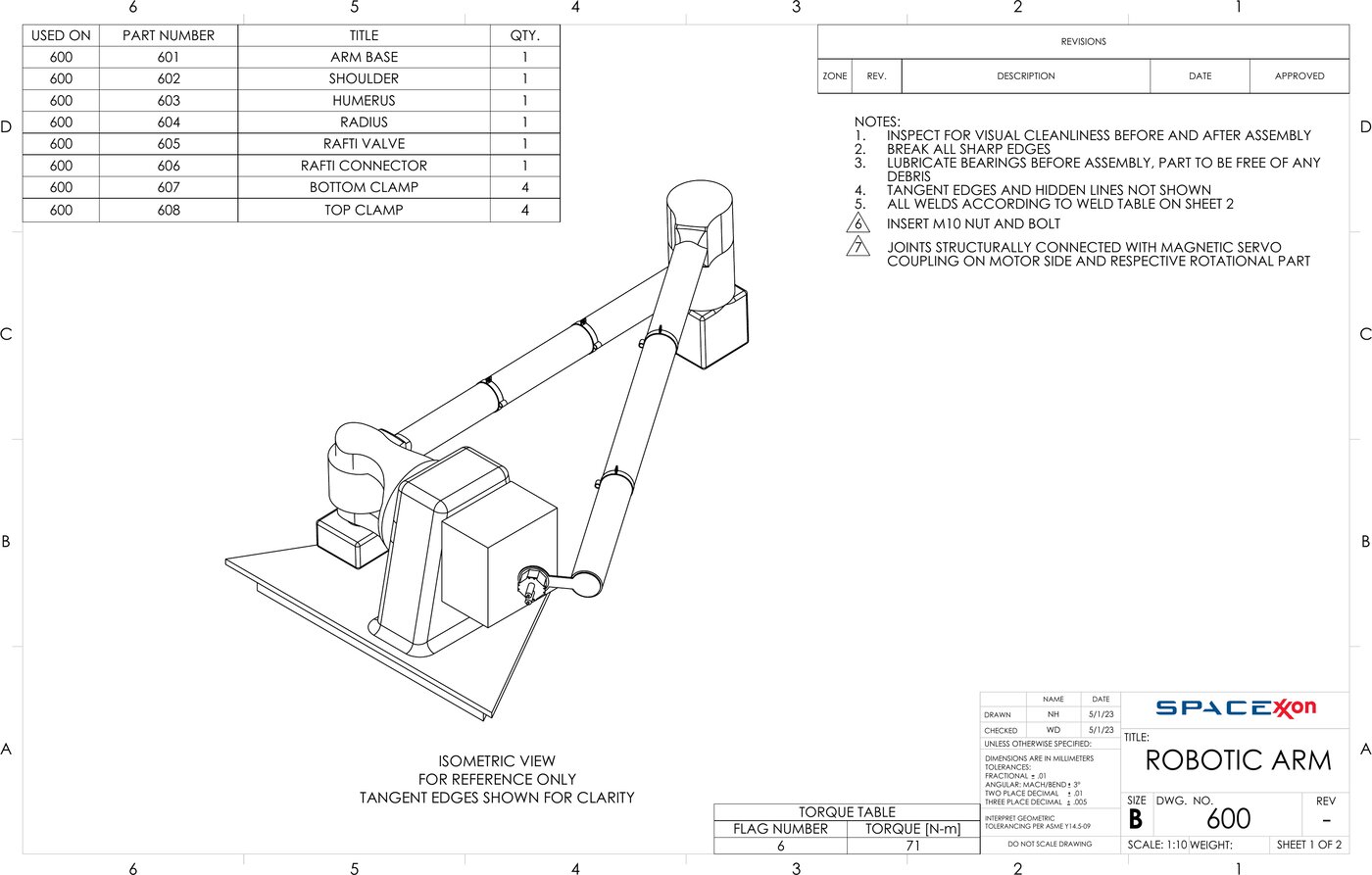 Engineering drawing of the robotic arm assembly, part 600, with parts list, notes and SpacExxon title block.