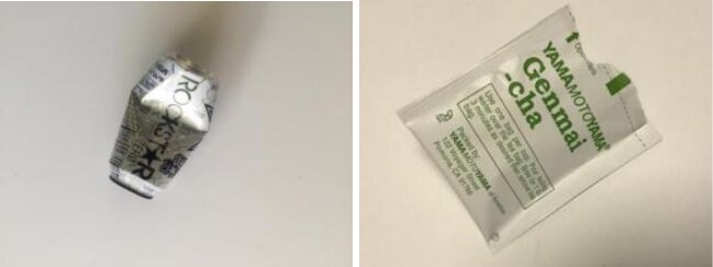 Two TrashNet photos: a crushed metal can and a crumpled paper tea packet on white backgrounds.