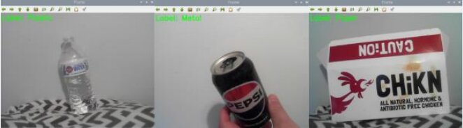 Three webcam frames labeled by the classifier: a plastic bottle, a metal Pepsi can, and a paper food box.